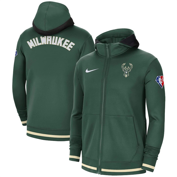 Men's Milwaukee Bucks Green 75th Anniversary Performance Showtime Full-Zip Hoodie Jacket - Click Image to Close